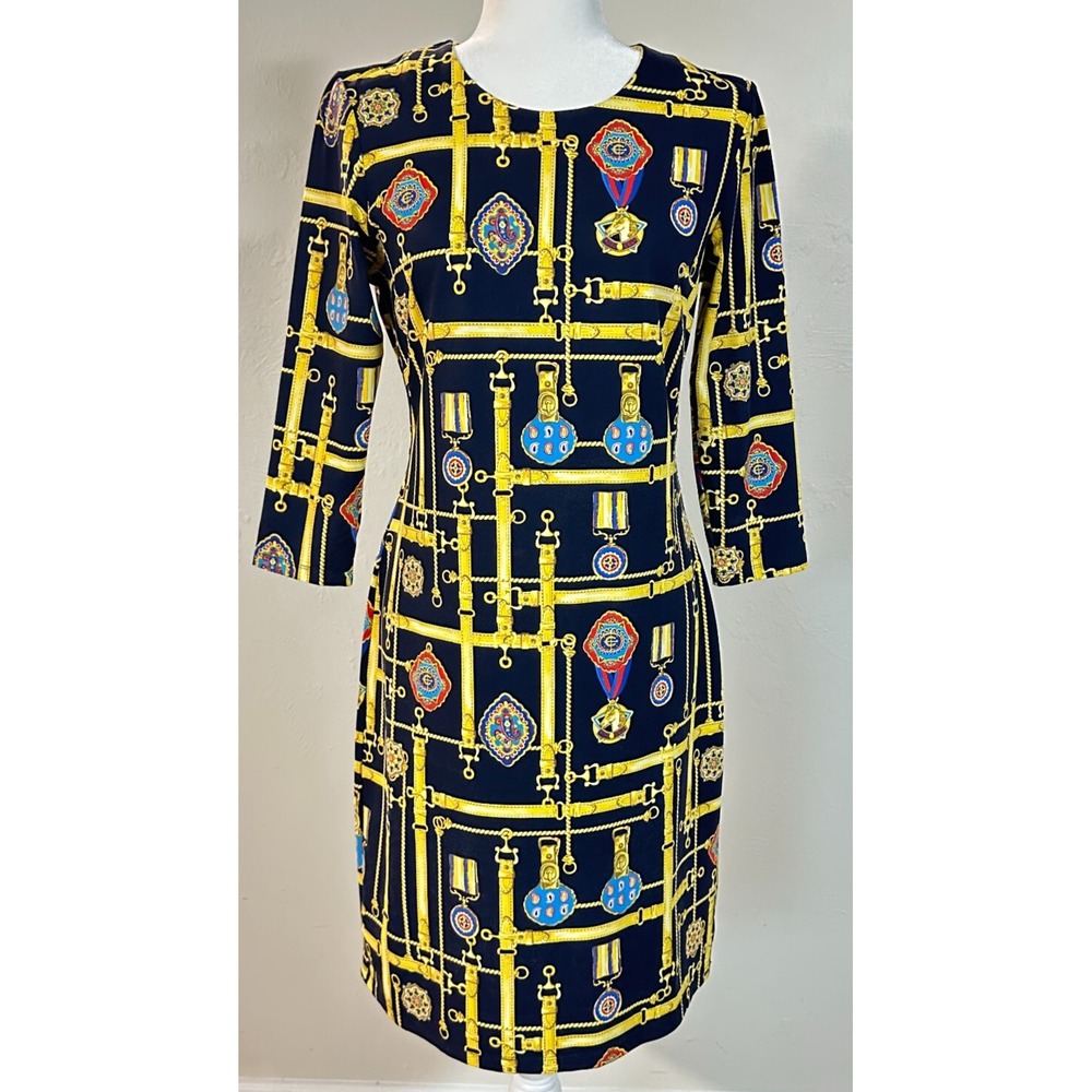 J. Mclaughlin‎ Womens S Sophia Catalina Cloth Sheath Dress Blue Gold Equestrian